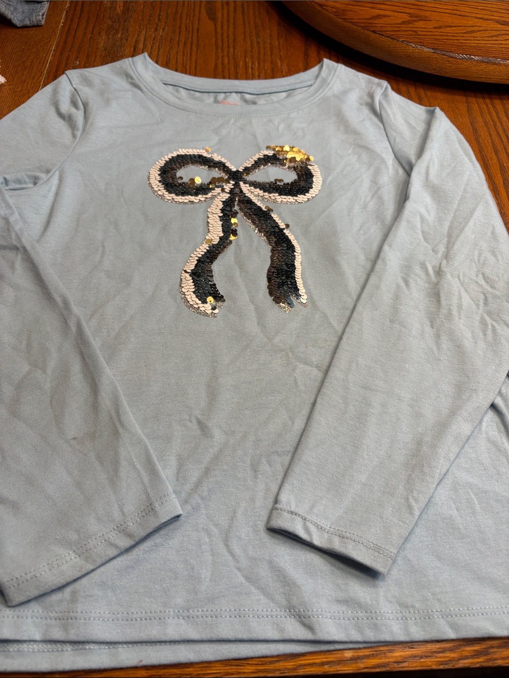 Girls' Light Blue Sequin Bow Long-Sleeve Top